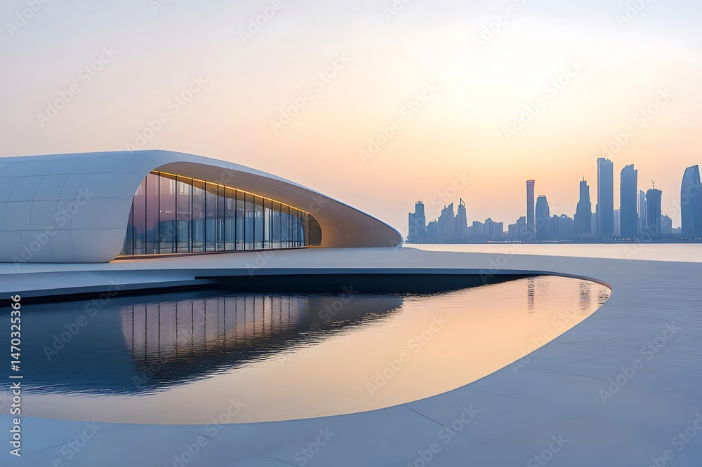 Aufkleber 夕暮れ時のアラブ首長国連邦シャルジャの湾岸の現代的な白い建築物と街のスカイラインの静かな眺め