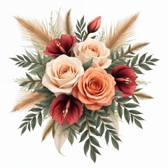 Fototapeta premium Watercolor illustration of wedding bouquet. Features rust orange, beige, white roses, burgundy anthurium flowers, eucalyptus, pampas grass. Trendy floral design isolated on white background.