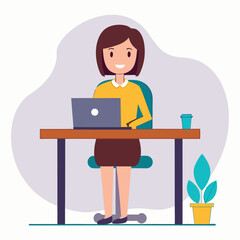 Happy young woman working on laptop at her desk in office