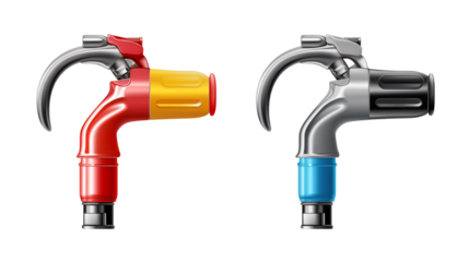High-quality render of two industrial faucet designs red yellow and blue grey colors against black background