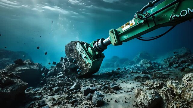 Underwater excavator arm digging into rocky seabed with scattered stones and sediment floating through the clear deep ocean environment

