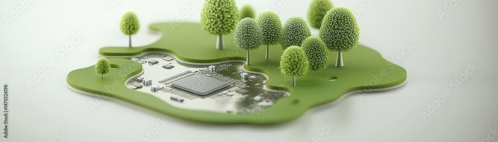 Poster miniature green landscape with circuit board and small trees