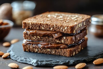 a date and almond butter sandwich on whole grain bread
