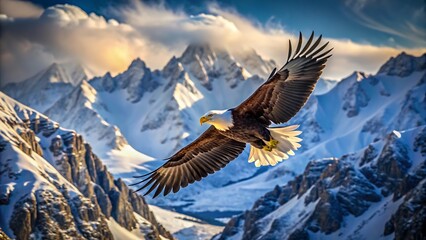 Obraz premium Majestic Bald Eagle Soaring Over Snowy Mountain Peaks