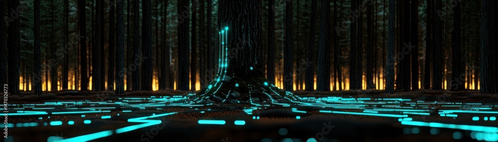 Poster Illuminated tree in a dark forest with glowing pathways