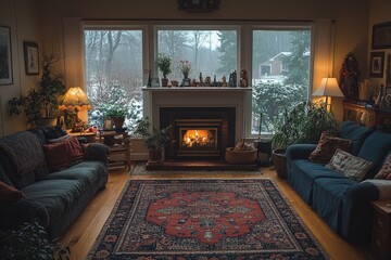 Fototapeta premium Cozy Living Room Inviting Family Gathering for Meals and Conversations in a Warm, Welcoming Space During Evening Hours