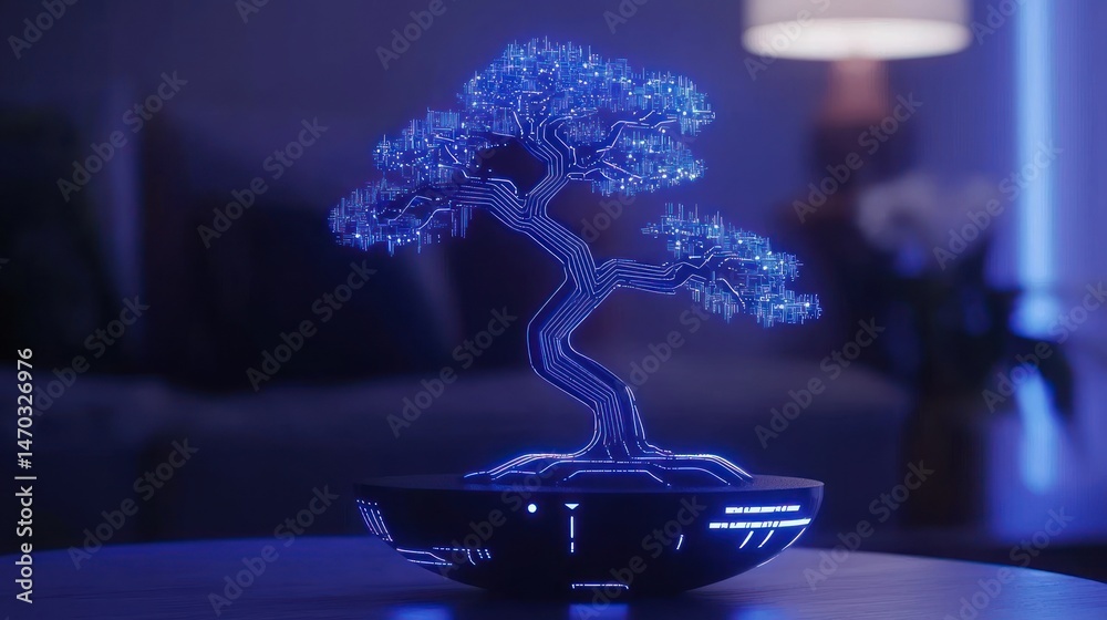 Aufkleber a futuristic bonsai tree glowing with electrical circuit patterns