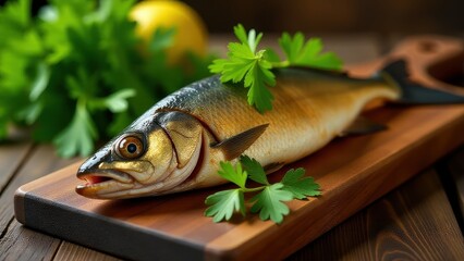 A whole fish garnished with fresh parsley rests on a wooden cutting board, surrounded by vibrant greens and a lemon for a rustic culinary presentation