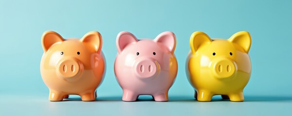 Three colorful piggy banks. Orange pink, yellow savings boxes stand against blue background. Finance, investment, savings, banking, money management concepts. Budget planning, financial literacy,