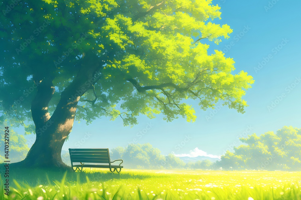 Poster 晴れた日の公園の緑の木の下のベンチの穏やかな風景 草原の芝生と青い空を背景にした静かな自然の美しさ