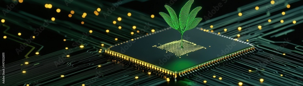 Poster a green plant grows on a central processing unit circuit board