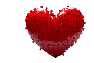 A red heart assembled from puzzle pieces. Space for text.