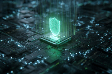 Green digital shield icon hovers over a circuit board, symbolizing cybersecurity and data protection, ideal for tech or security concepts