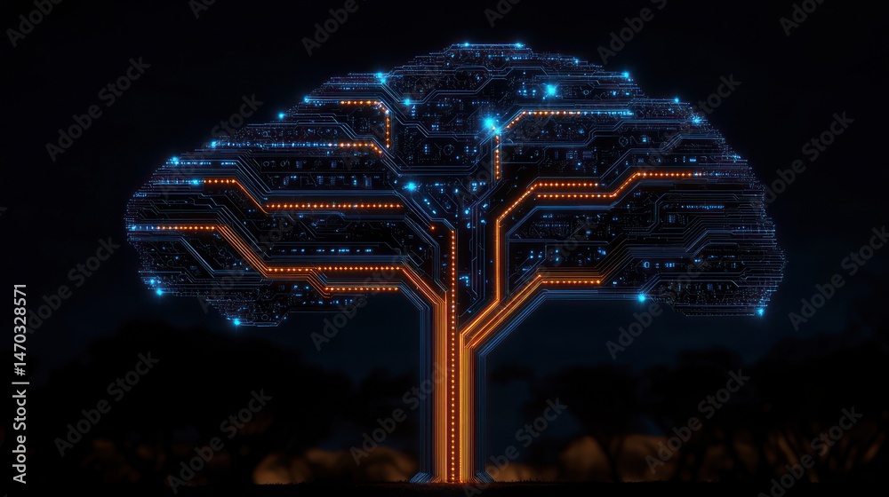 Poster a digitized tree resembling a brain illuminated in blue and orange