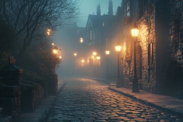 Misty cobblestone street at dusk © Adriyanca