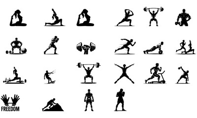 Naklejka premium Gym and Fitness Icon Set – Flat Vector Collection of Workout, Exercise, Bodybuilding, and Sports Equipment Symbols.