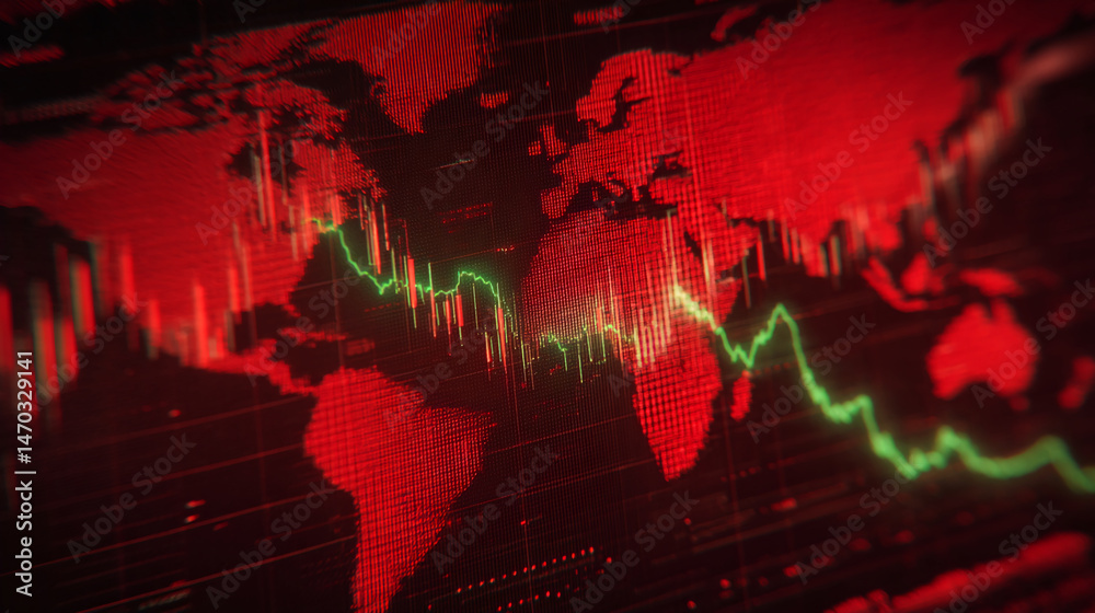 Poster close-up of a screen displaying a world map with a downward trending green line graph superimposed, 