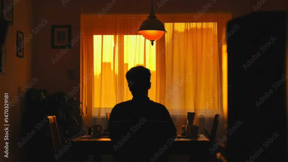 Poster a person sits at a table in front of a window, offering a quiet moment