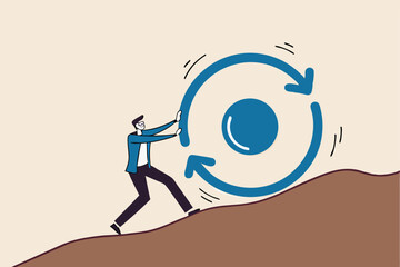 Consistency key to success, business strategy to repeatedly deliver work done, personal development or career growth concept, businessman pushing consistency circle symbol up hill with full effort.