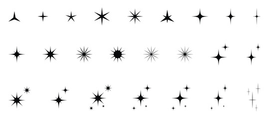 Retro Futuristic Sparkle Icons Set. Twinkle, Starburst, and Magic Light Flare Vectors
