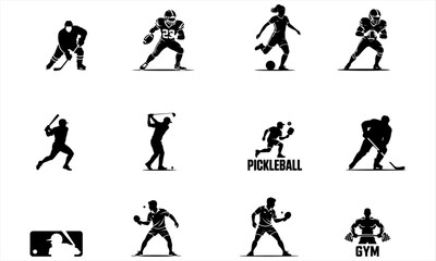 Naklejka premium Sports Silhouette Vector Set – Football, Soccer, Baseball, Boxing, Gym, and More.