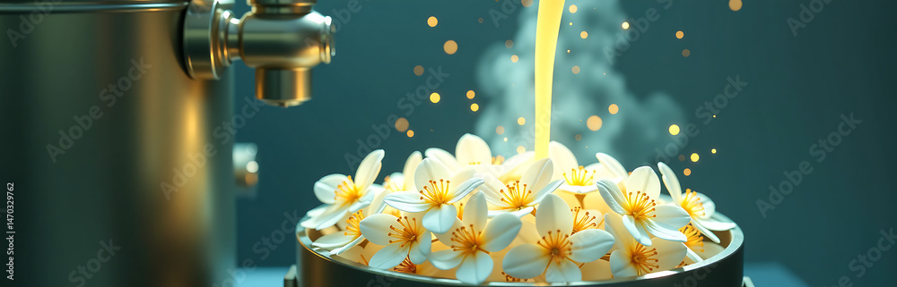 Poster extraction essential oils jasmine white flowers achieved using distillery machine generative artificial intelligence