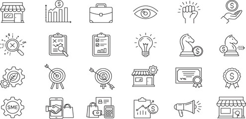 SME concept small and medium sized enterprises related editable stroke outline icons set isolated on white background flat vector illustration.