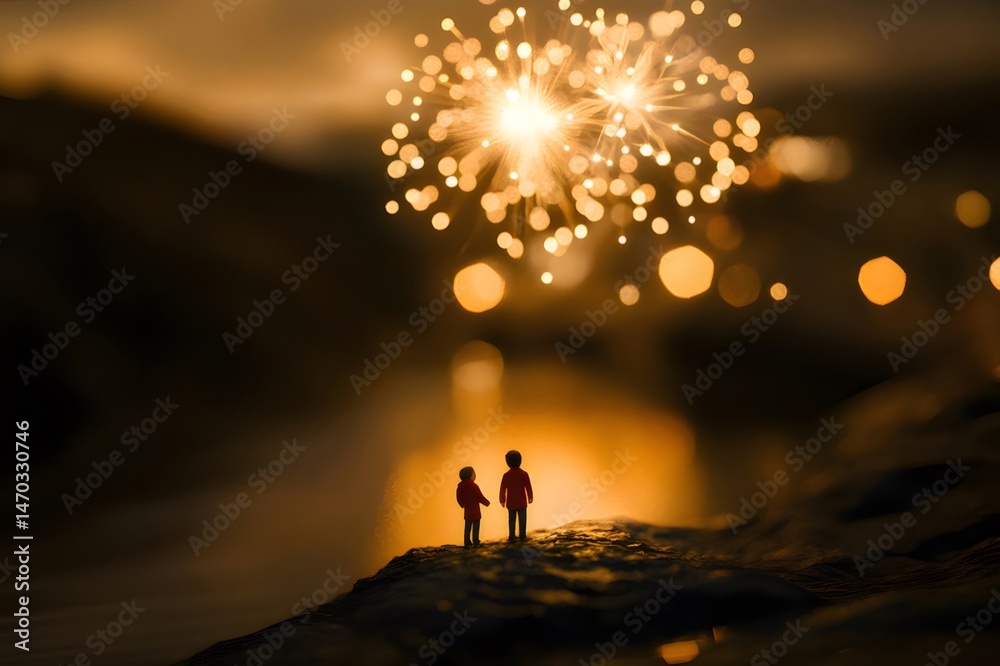 Poster 夜空に輝く花火を見る子供たちのシルエット 黄金色の背景と暖色の光が輝く夜景