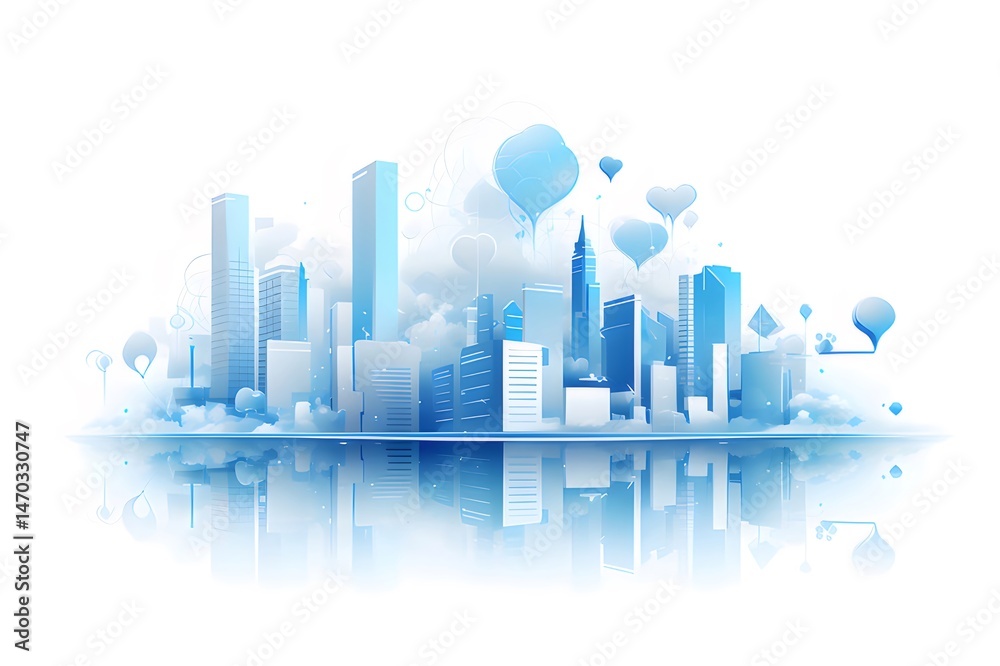 Aufkleber 水色の都市景観の抽象的なイラスト 青と白の高層ビルと水面反射が特徴的な背景デザイン
