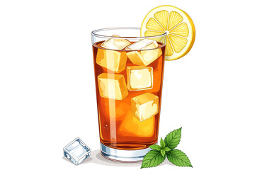 glass iced tea long island cocktail lemon slice mint ice cubes watercolor summer drink illustration