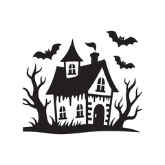 Halloween Haunted House with Bats – Black Silhouette Vector Design