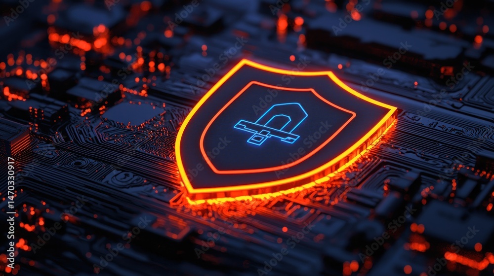Poster glowing shield over a circuit board represents digital security