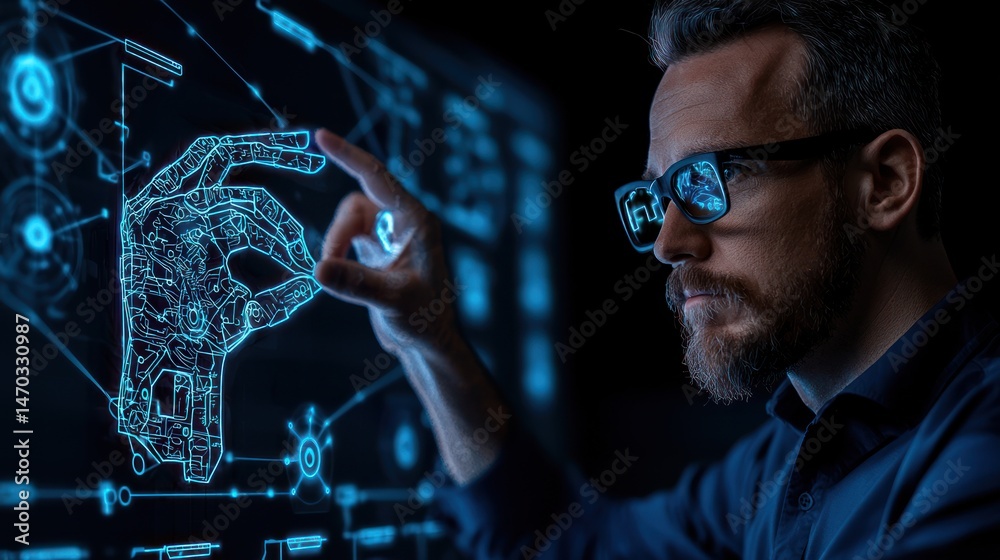 Poster a man interacts with a digital holographic hand on a screen