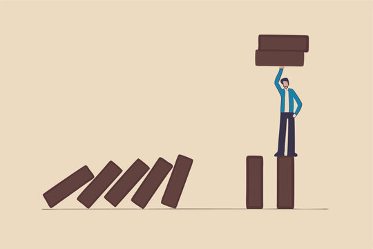 Risk management, protect business from disaster or crisis, leadership to avoid losing money, problem and failure concept, smart businessman company leader remove domino to stop domino effect collapse.