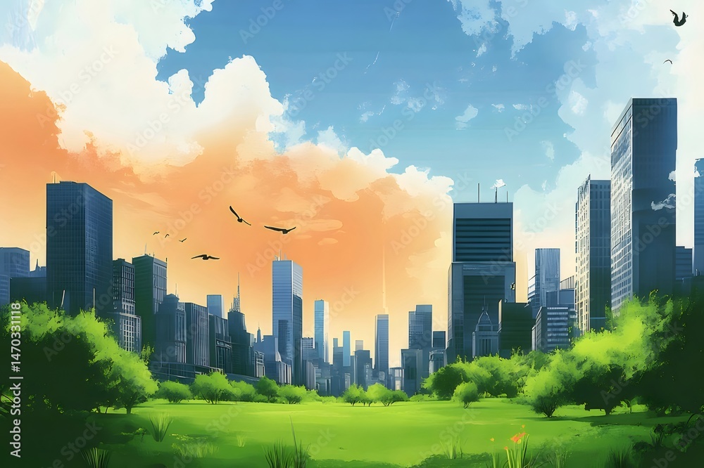 Aufkleber 緑の公園と高層ビル群が広がる都市景観 夕暮れ時の空がオレンジ色に染まる