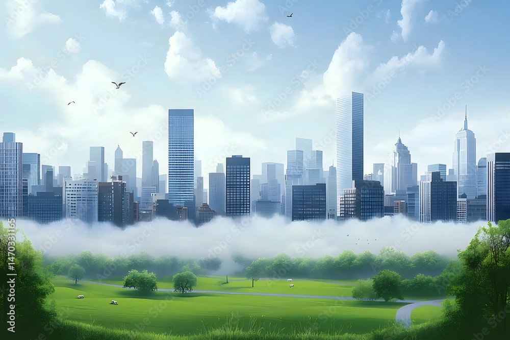 Aufkleber 晴れた日に緑豊かな公園と雲海に囲まれた高層ビル群の都市景観パノラマ