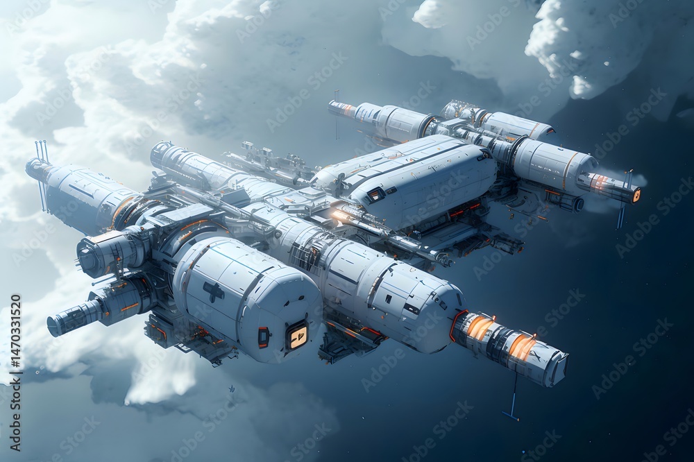 Aufkleber 白い宇宙船クラウドスケープとボクセルアートの描写が未来的な飛行のシーンを捉えています