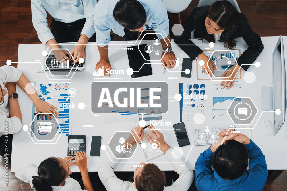 Aufkleber Top view project manager communicate and collaborate with team using project management software, tracking progress of project task and making schedule plan at meeting table. Prudent Amity