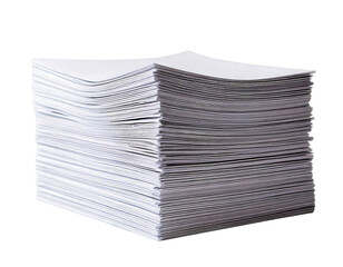 A large stack of crisp white papers sits neatly on a plain white background.  The image conveys a sense of organization, efficiency, and the volume of information or paperwork.