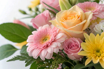 Obraz premium Pastel Pink and Yellow Flower Bouquet Gerbera Daisies, Roses, and Chrysanthemums