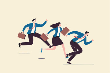 Business rival or competition, challenge to success in work and career, motivation or effort to win the business concept, business people competitor running fast with full effort to finish line.