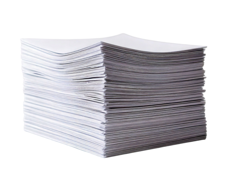 A large stack of crisp white papers sits neatly on a plain white background.  The image conveys a sense of organization, efficiency, and the volume of information or paperwork.