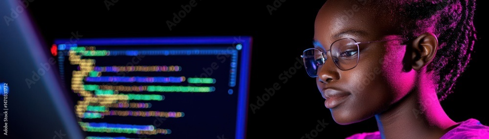 Poster A woman examines computer code on a dark computer screen