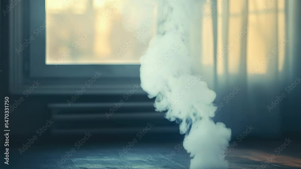 Poster a room with a window and steam rising from below