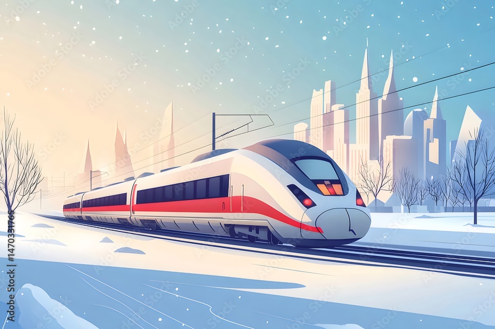 Poster 冬の雪景色の中を走る白い高速列車 都市の背景と青い空のピクセルアートのイラスト