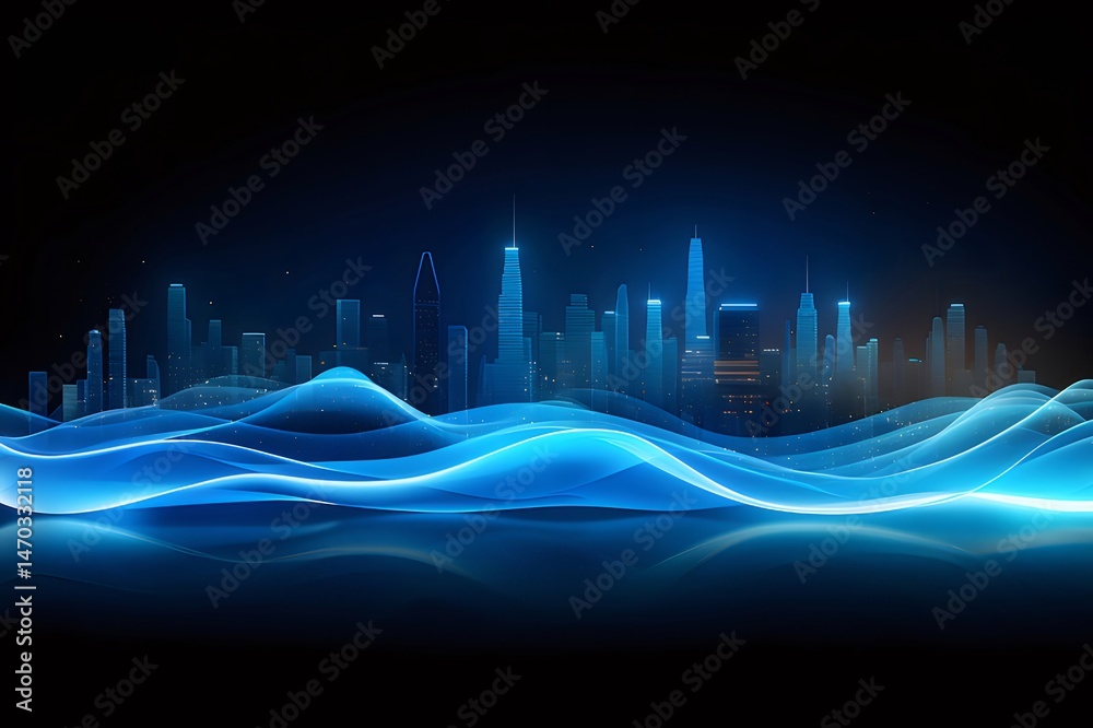 Aufkleber デジタル波と抽象的な青色の都市景観の高層ビルが夜に輝く背景