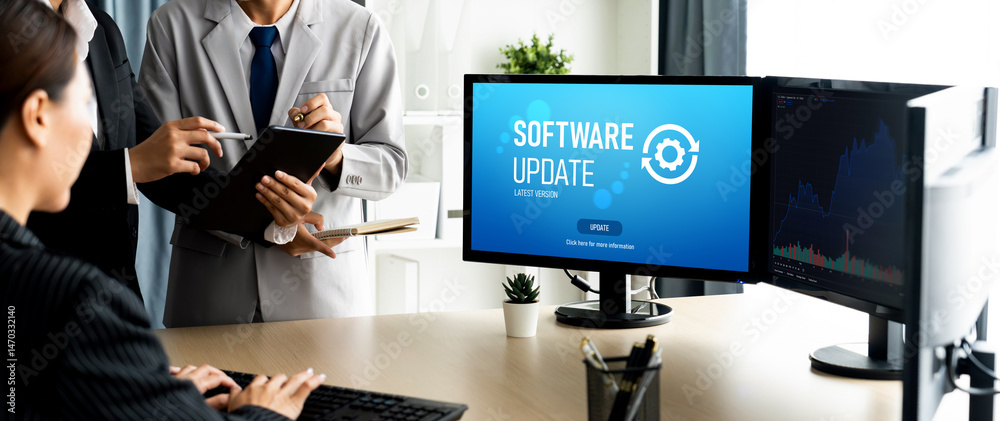 Poster software update on computer for brisk version of device software upgrade