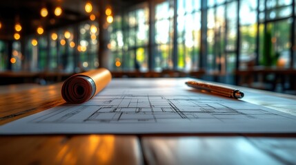Architectural blueprint and drafting tools on wooden table in modern workspace