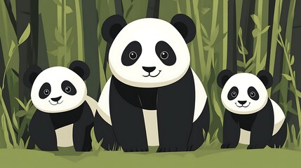 Naklejka premium Panda Family Bamboo Forest.