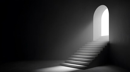 Ultra quality image of staircase ascending toward the light with the next step highlighted, representing success, the next phase of growth, and moving forward toward achieving.